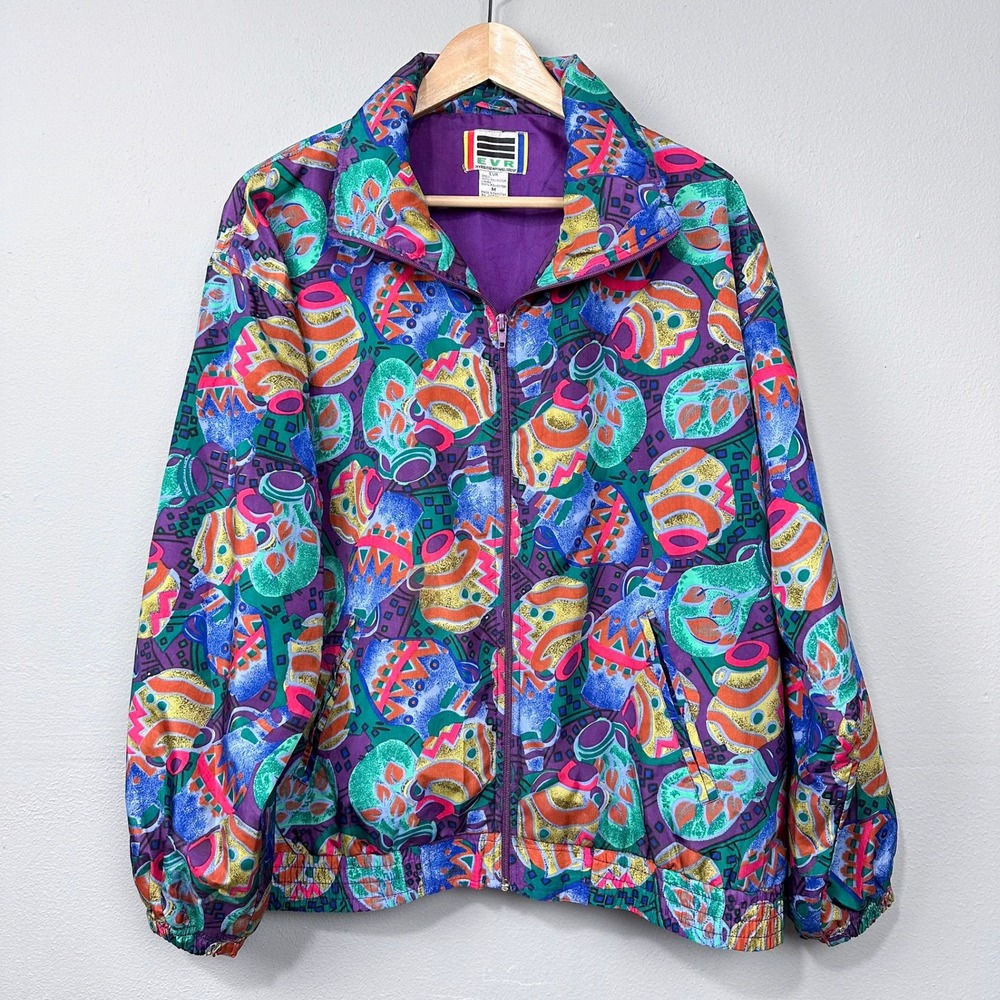 Vintage 80s 90s Windbreaker Track Jacket Size M Retro‎ Maximalist Vegas Granny